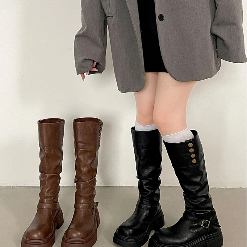 Винтажные коричневые женские сапоги в стиле пастушки вестерн модные длинные