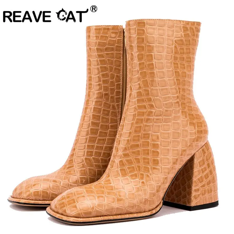

Женские кожаные ботильоны на молнии REAVE CAT, кожаные ботильоны на толстом каблуке и с квадратным носком, большие размеры до 43, Осень-зима