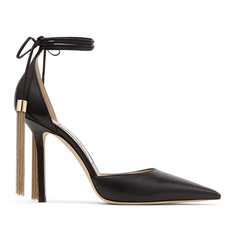 2022 New Pointed Toe High Heels Women's Stiletto Black Leather Sexy Tassel Strappy Pumps for Women