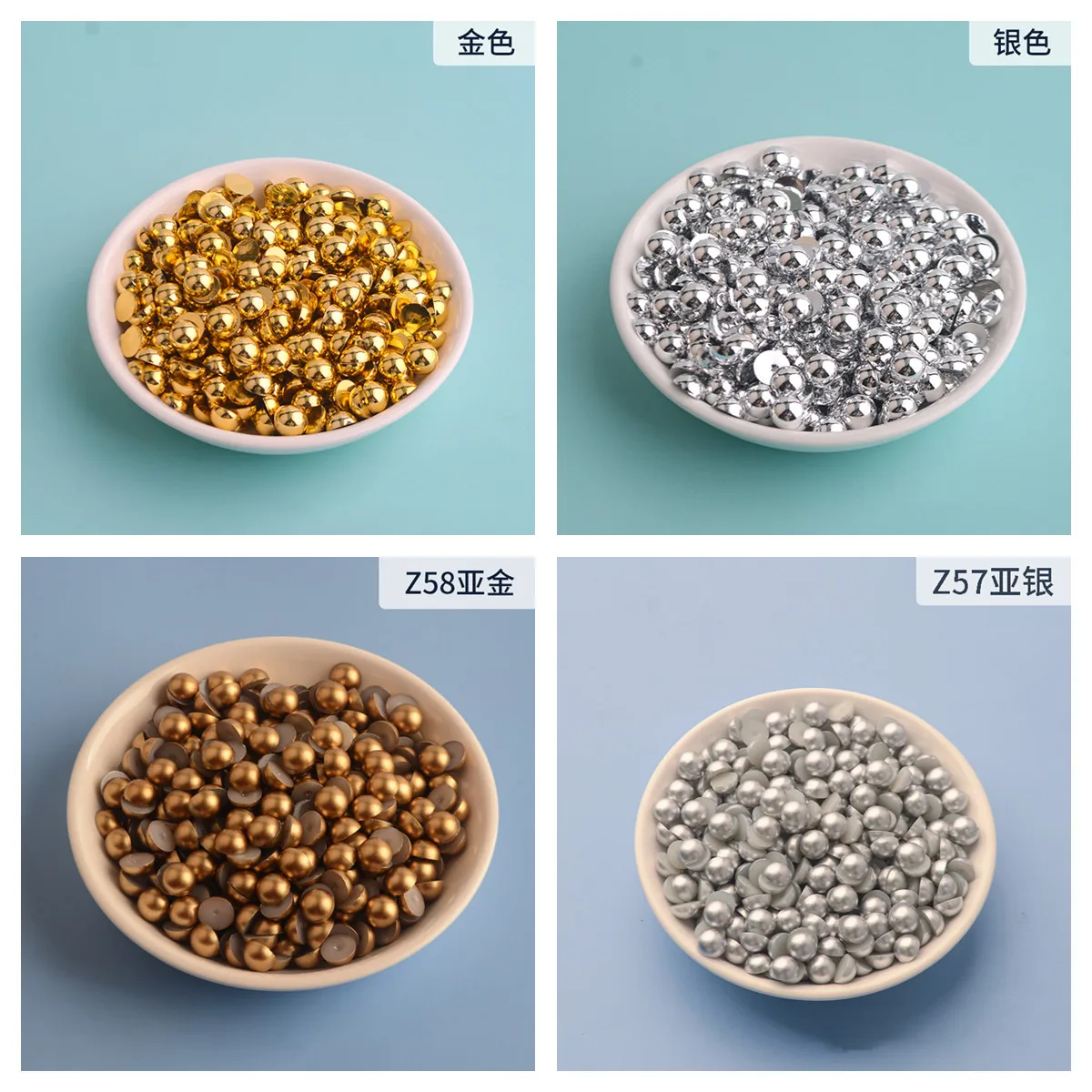 

Shiny gold and silver mixed size 3mm-10mm semicircular bead imitation pearl ABS resin flat back reflector for DIY nail craft dec