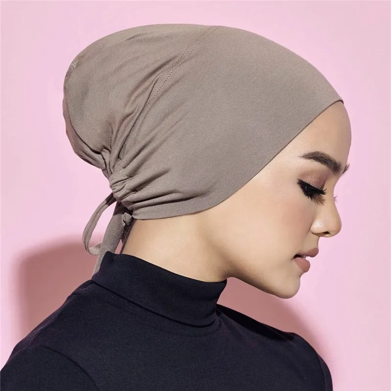 

Solid Color Islamic Turban Headwear Fashion Premium Jersey Muslim Inner Cap Stretch Hijab With Rope Adjustable Women Underscarf
