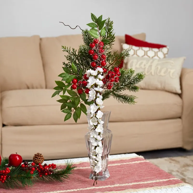 

25in. Wisteria, Iced Pine and Berries Artificial Arrangement in Glass Vase