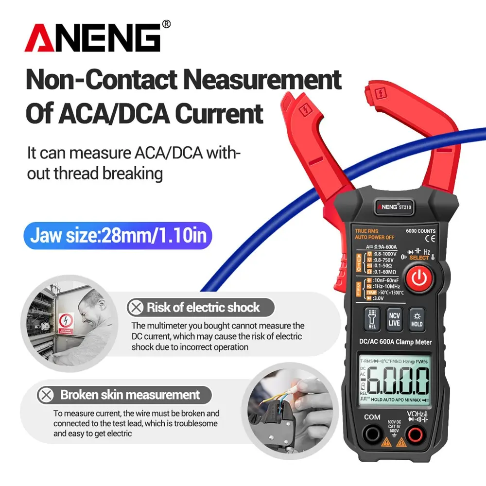 

ANENG ST210 Professional Digital Multimeter Clamp Meter DC/AC 600A Current Tester 6000 Counts True RMS Ampere Meter for Eletric