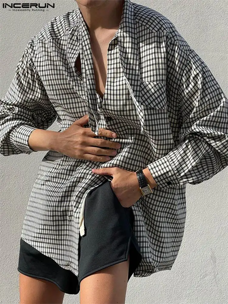 

INCERUN Tops 2022 American Style New Men Plaid Bow Tie Blouse Casual Streetwear All-match Loose Long-sleeved Button Shirts S-5XL