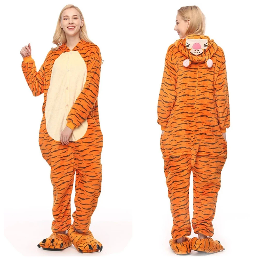 Tiger Kigurumi Pajamas Suit For Adults Kids Family Animal Onesie Winter Warm Flannel Sleepwear Hooded Anime Cosplay Costumes