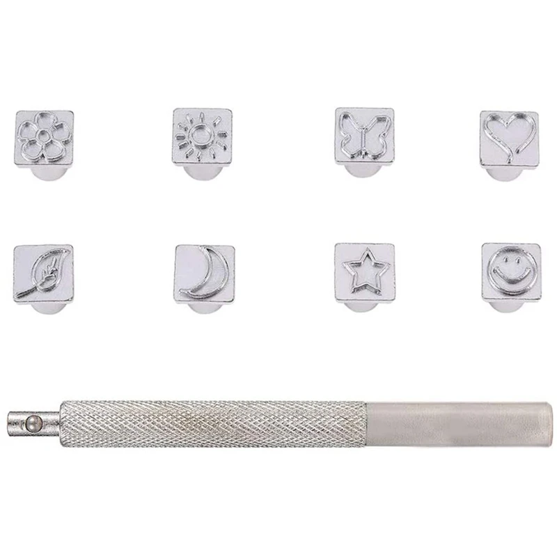 

Набор металлических штампов для кожевенного ремесла, 8 шт., набор металлических штампов, инструмент с ручкой из сплава для рукоделия, ремни, ...