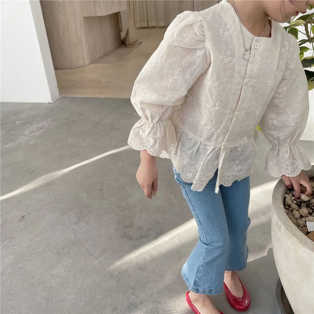 

2022 Spring New Girls Beige Blouse Cotton Long Sleeve Tops For Baby Girl Pretty Princess Autumn Blouses Children Cute Clothes