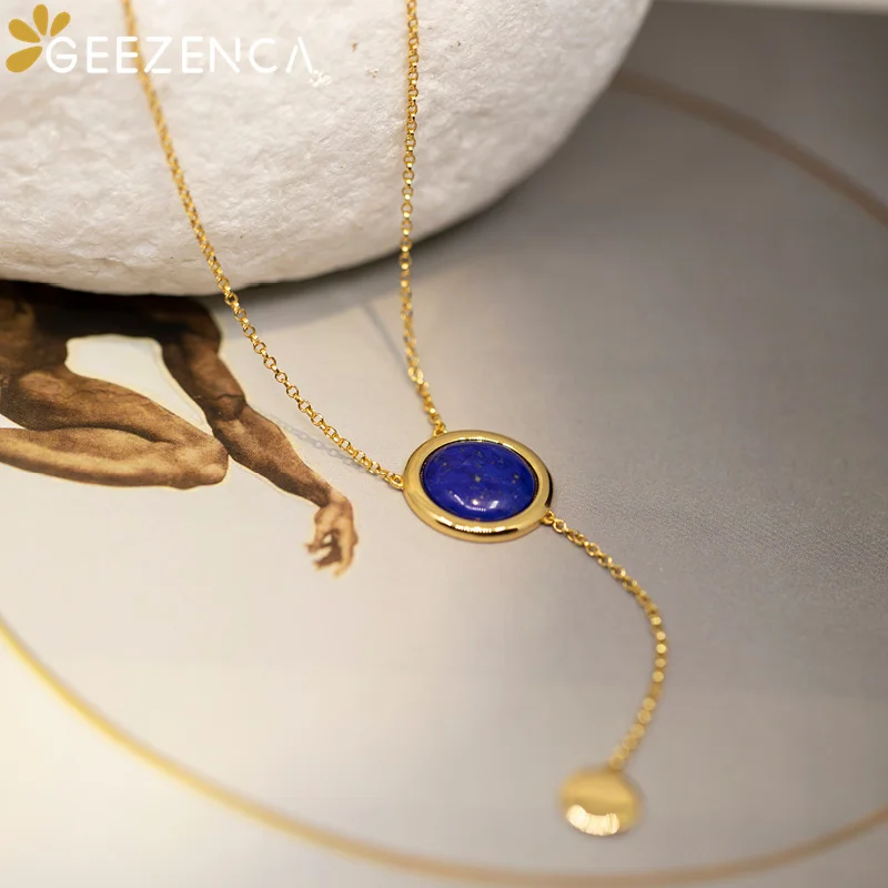 

GEEZENCA Natural Lapis Lazuli S925 Silver Gold Plated Pendant Necklace For Women Simple Trendy Exquisite Choker Necklaces Party