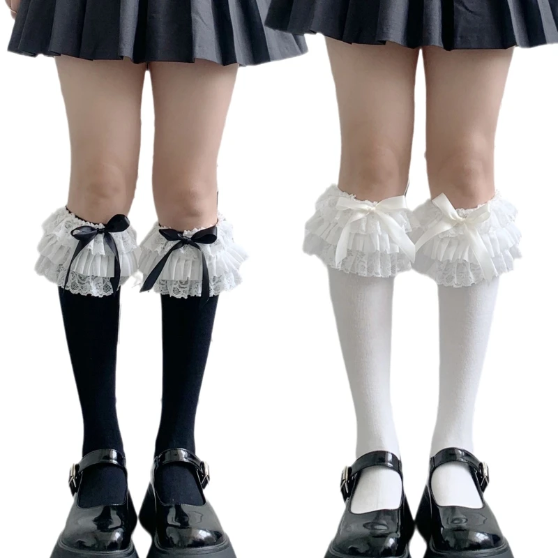 

C6UD Women Lolita Sweet Bow Knee High Socks French Style Student Vintage Multi Tiered Ruffled Floral Lace Cotton Stockings