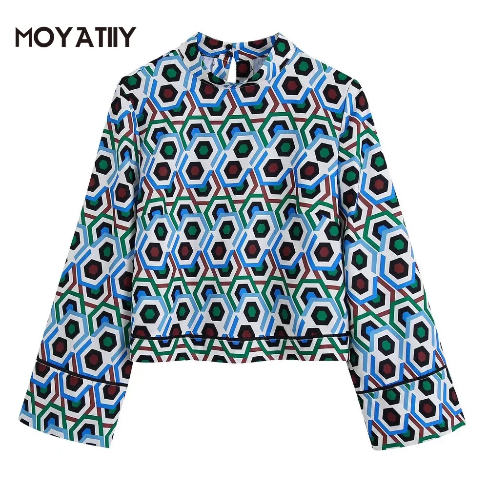 

MOYATIIY Women 2022 Fashion Blue Blouses Retro Geometric Print Wide Long Sleeves Shirts Blouse Loose Female Tops