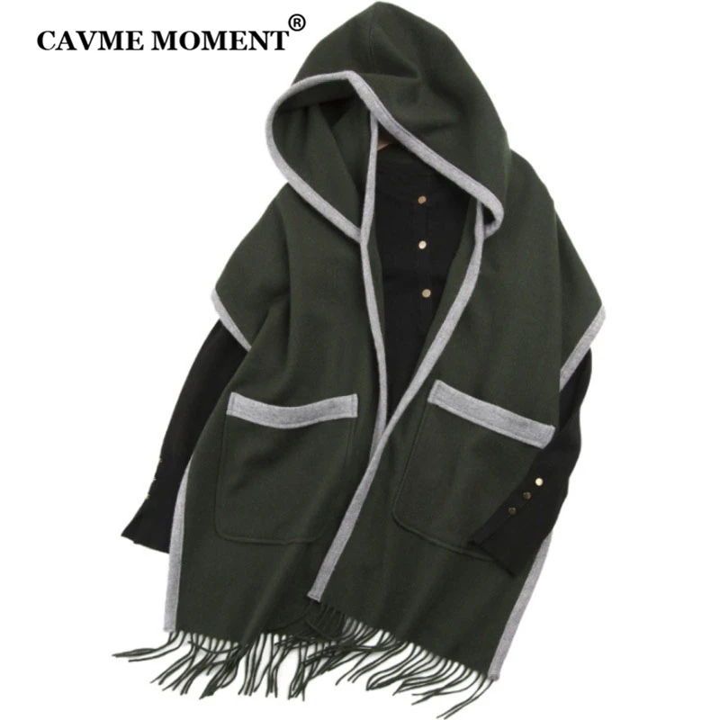 

CAVME Wool Poncho Wearing Scarves Hooded Large Size Scarf Woolen Shawl Gift
