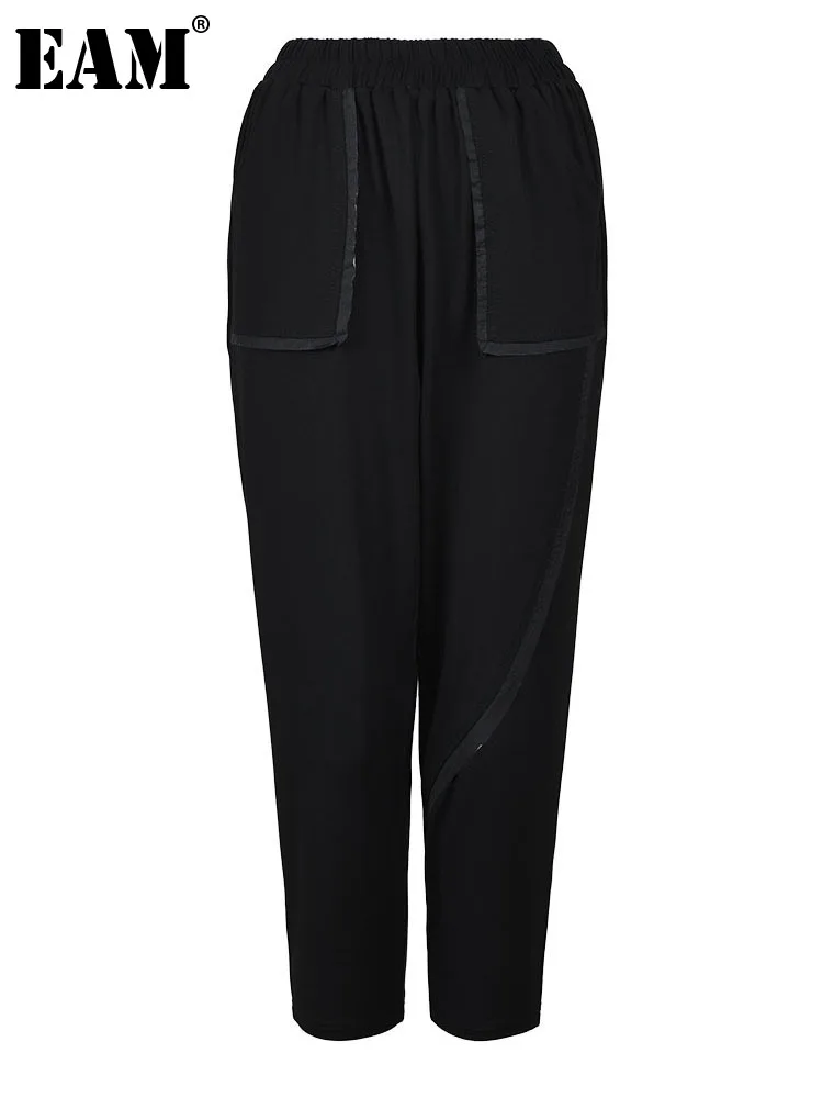 

[EAM] Длинные повседневные шаровары с высокой эластичной резинкой на талии с черной лентой, новые свободные брюки для женщин, модные демисезонные 2023, 1DF650101