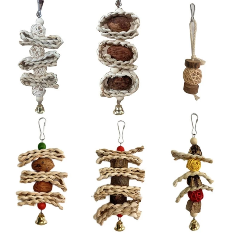 

6 Pack Parrots Chewing Toy 3x8inch Block Nut Rattans Ball Corn-Husk with Hanging Hook & Entertainment Toy