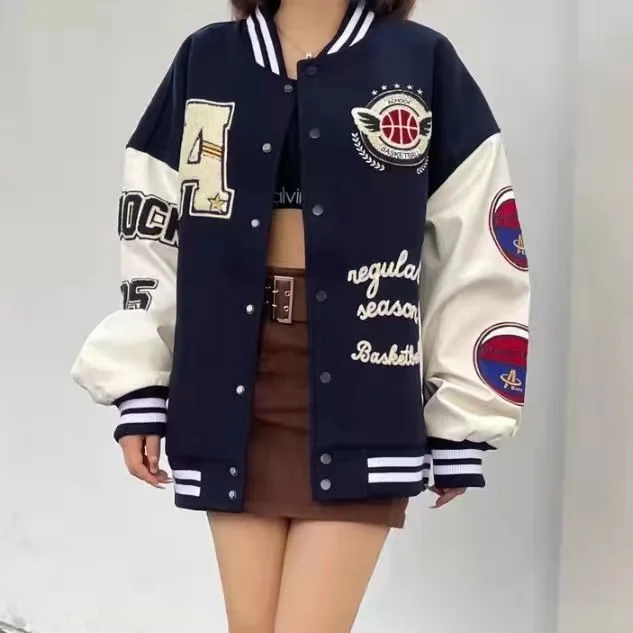 

Retro Embroidery letters color matching flocking clothes Y2K street Harajuku hip-hop baseball uniform jacket women style lovers