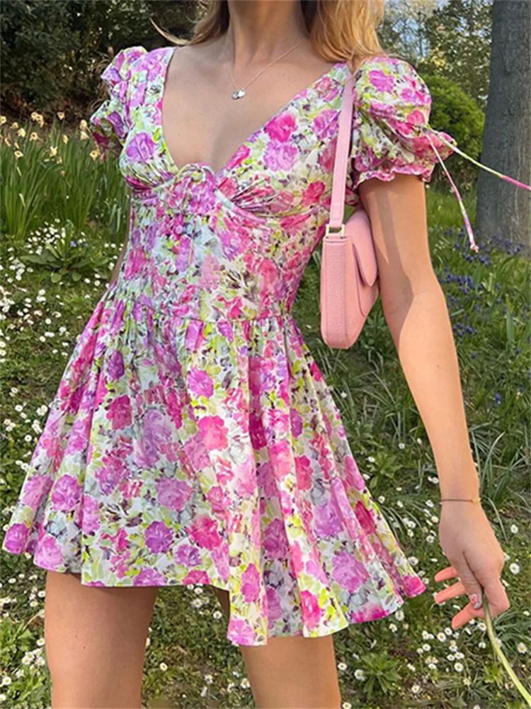 

hirigin Floral Print Short Puff Sleeve Dress 2022 Vintage Deep V-neck High Waist Summer Dress Push Up Short Mini Vestidos New