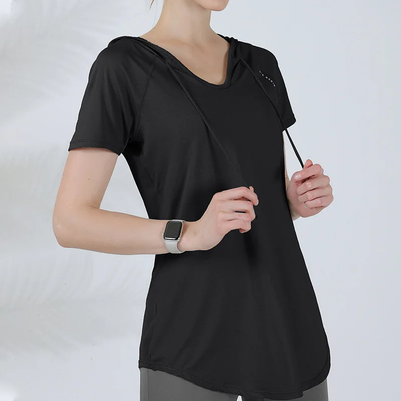 Summer Women Sport Hoodies Loose Yoga Shirts Short Sleeve Running T-Shirt Oversized Gym Fitness Hooded Tops Quick Dry Tee Blouse