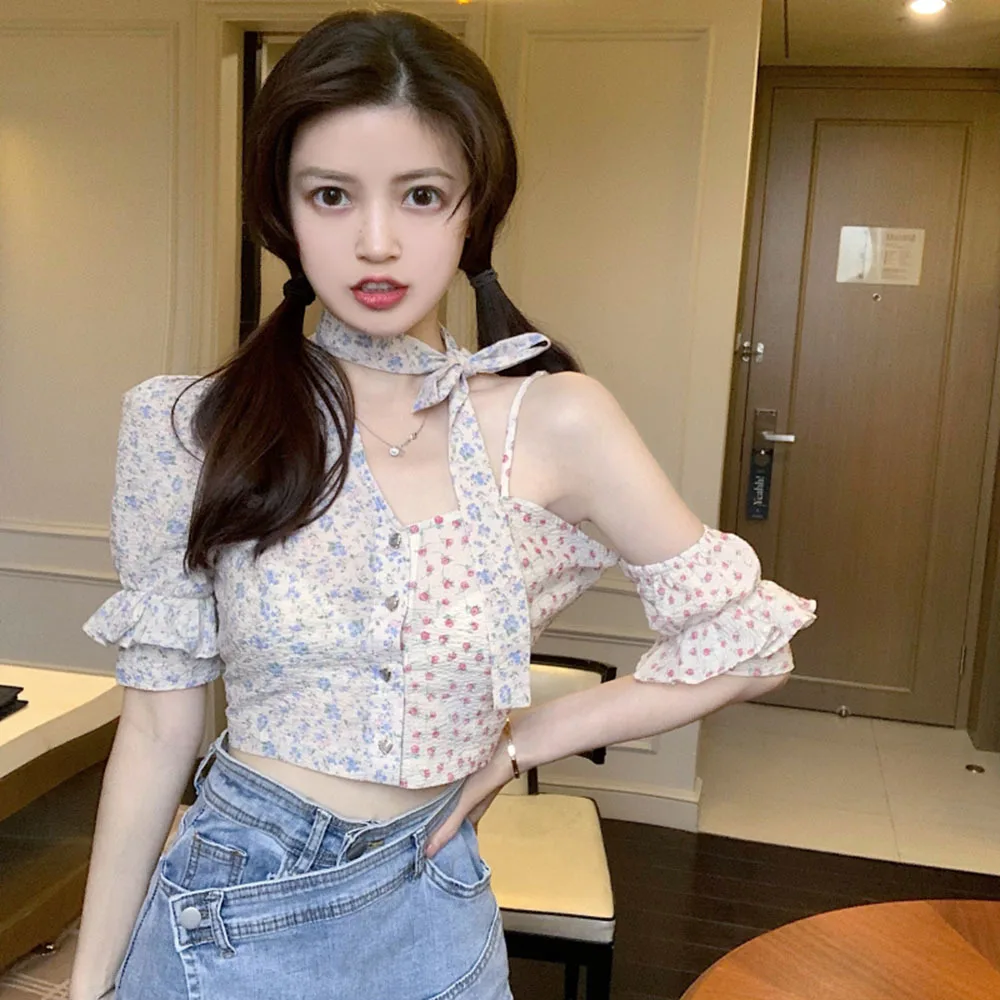 

Chic Patchwork Floral Shirt Womens 2022 Summer Korean Style Y2k Crop Tops Female Casual French Vintage Off Shoulder Sexy Blouse