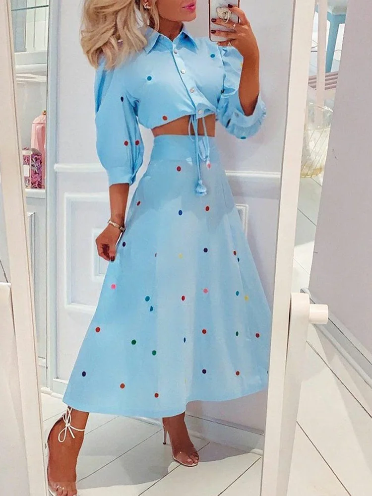 Colorful Polka Dot Puff Sleeve Button Up Tied Crop Top & Skirt Set Women Two Piece Set
