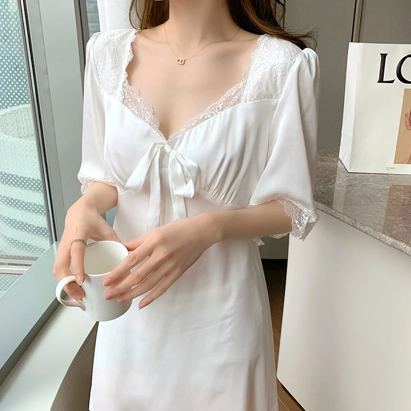 

Women Nightgown Sexy Lace Sleepdress Princess Style Home Dressing Gown Silk Satin Nightwear Mid Long Sleepwear Baggy Loungewear