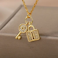 fashion zircon lock pendant necklace for women gothic crystal key lock choker couple necklaces jewelry accessories gift