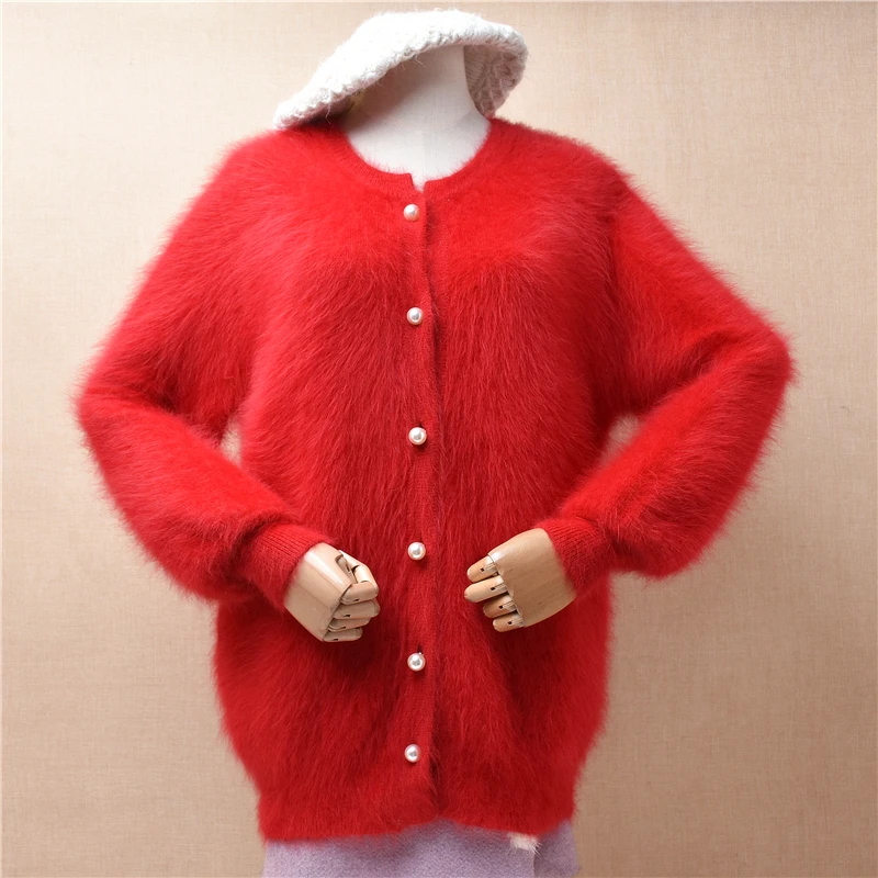 

04 Женская осенне-зимняя Рождественская красная пушистая норковая кашемировая вязаная свободная кардиган с длинными рукавами-фонариками куртка свитер пальто