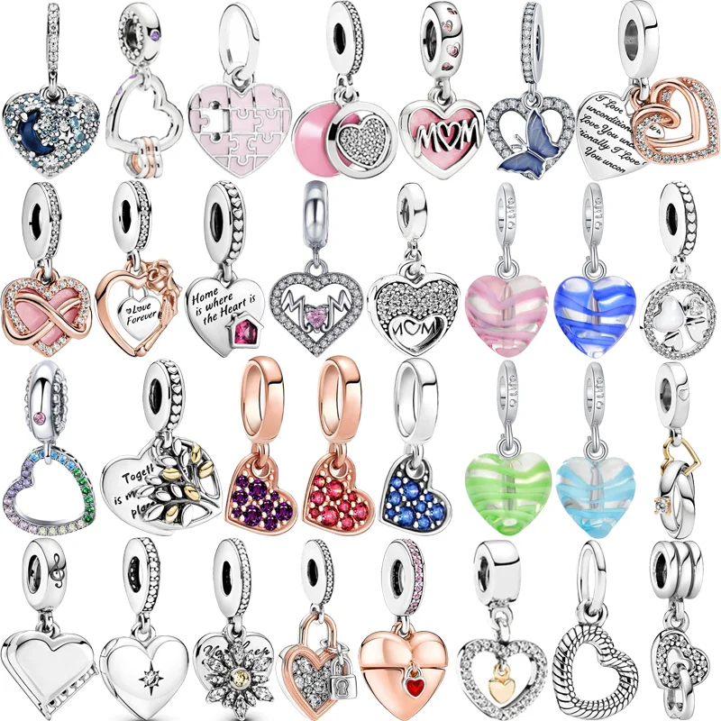 

New Heart Shape Charm Eternal Love Mom Pave Shiny Pendant Beads Fit Original Pandora Charms Silver Color Bracelets DIY Jewelry