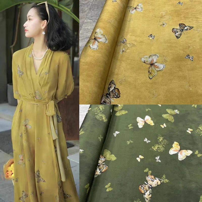 

Fashion Product High Quality Green Bottom Butterfly Crepe De Chine Silk Fabric Luxury Brand One Piece Sang Classic Cloth Fabrics