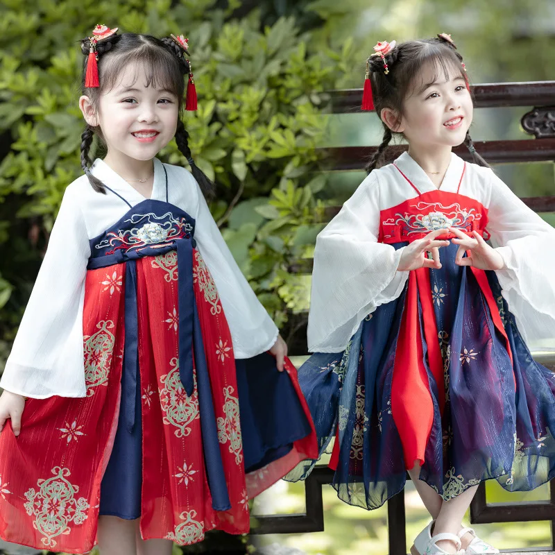 

Spring Autunm New Kids Long Sleeve Tang Suit Girls Embroidery Cotton Perform Costumes Children Chinese Lovely Ancient Hanfu