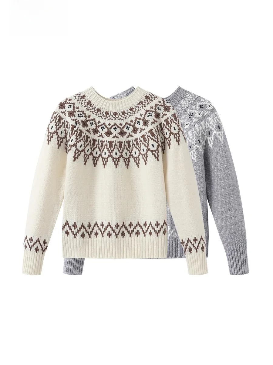 Aige 2024 Winter New Age-Reducing Versatile Fairisland Jacquard Knit Women Retro round Neck Raglan Sleeve Sweater