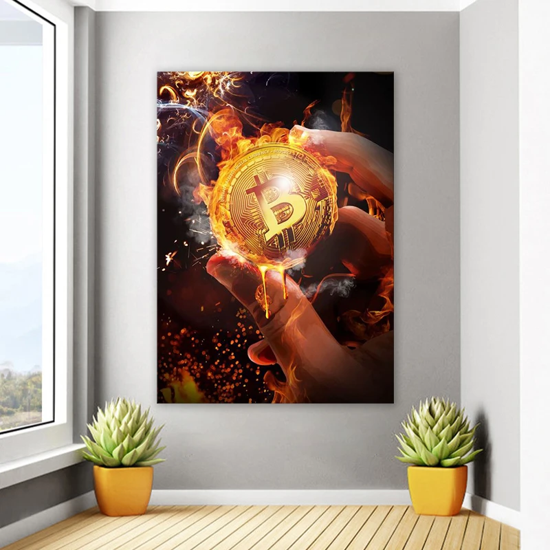 

Burning Bitcoin Paintings Canvas Art Posters And Prints Nordic Style Modern Oil Painting Wall Picture For Living Room Home Decor