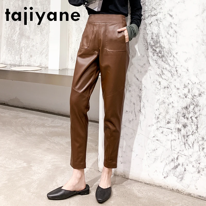 Tajiyane Genuine Leather Pants Women 2021 Autumn Elastic Waist Sheepskin Nine-point Pants Fashion Harem Pants Radish PantsFCY180