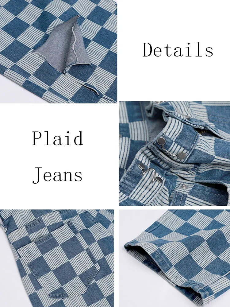 Plaid Jeans Women S-4XL Hole Personality Creativity All-match Retro Loose Hipster Korean Style Empire Chic Summer Denim Trousers