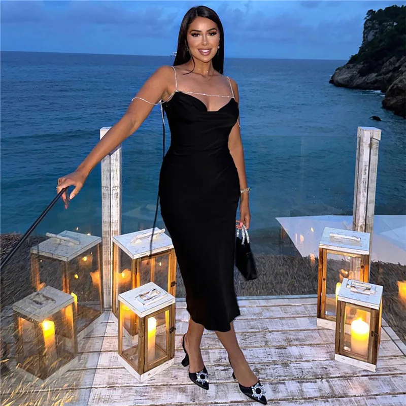 

Concise Party Style Maxi Dresses For Women Hipster Chain Spaghetti Strap Side Split Bodycon Female Elegant Street Vestido