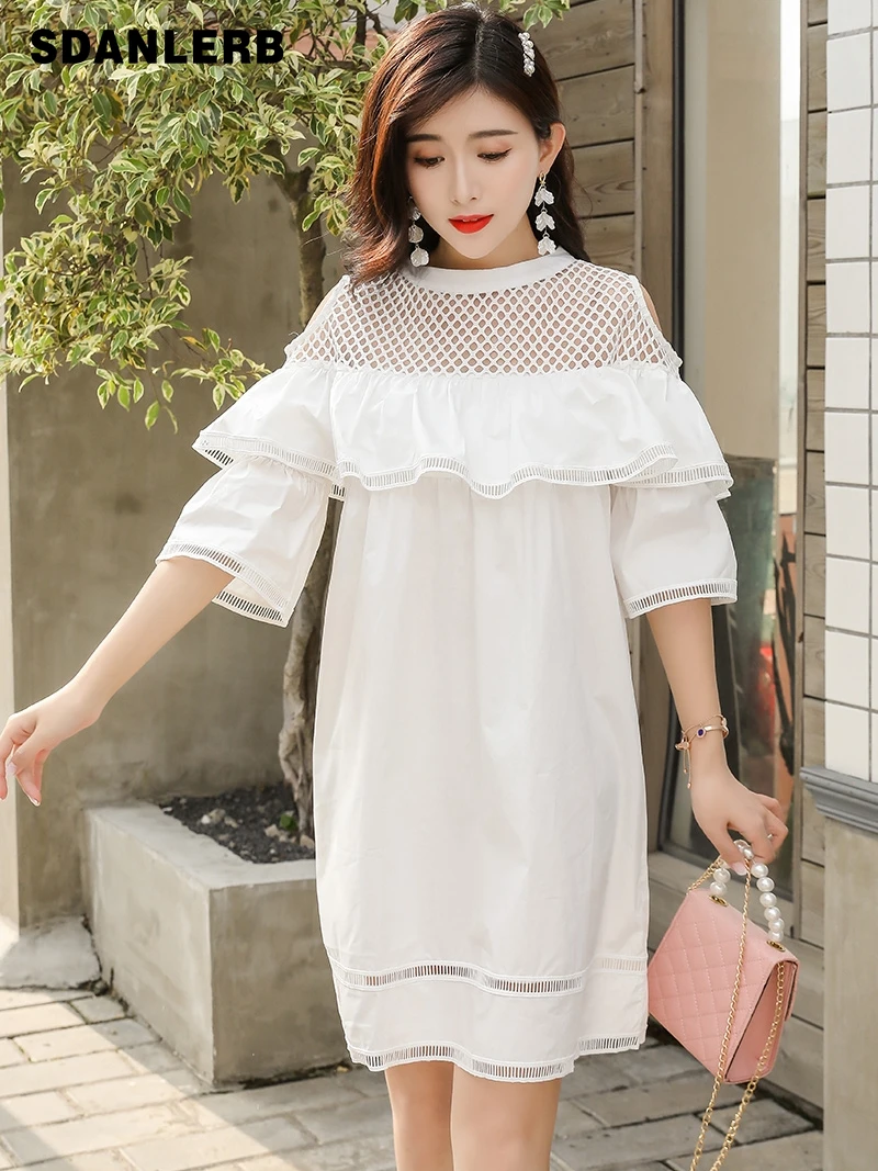 

Summer White Dress 2022 Summer New Women's Round Neck Lace Midi Dress Hollow Out Shoulder-Baring Temperament Loose Dress