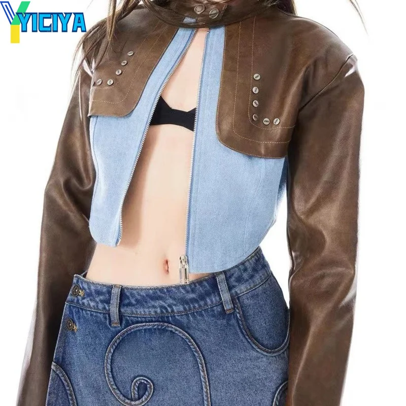 

YICIYA Bomber Woman Varsity Jacket Denim Panel Leather Jacket Long Sleeves Women's Winter Coats 2022 Short Coat High Quality Met