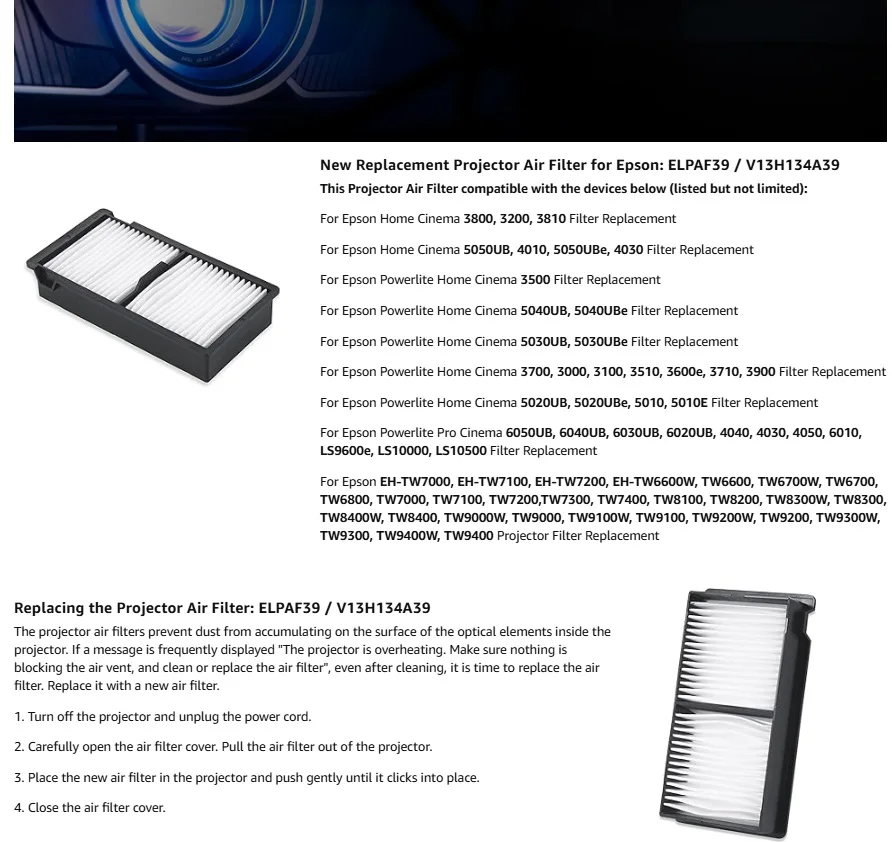 Фото Воздушный фильтр проектора ELPAF39 V13H134A39 для домашнего кинотеатра Epson PowerLite 3500 3800 4010 5040UB 5050UB 5040UBe 5050UBe 3200 3000 №4