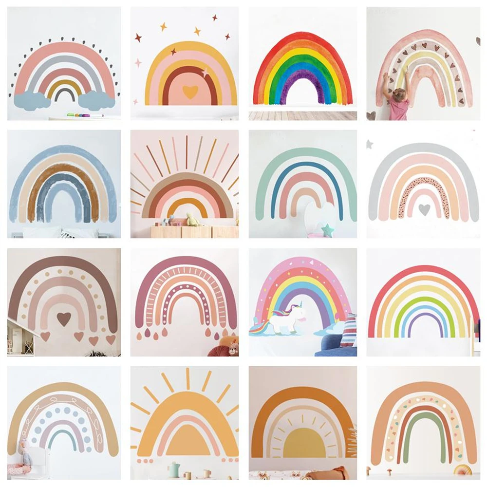 

Cartoon Watercolor Hand Painted Rainbow Sun Wall Sticker For Girl Room Baby Bedroom Decor Mural Self-Adhesive Kids Nursery Decor