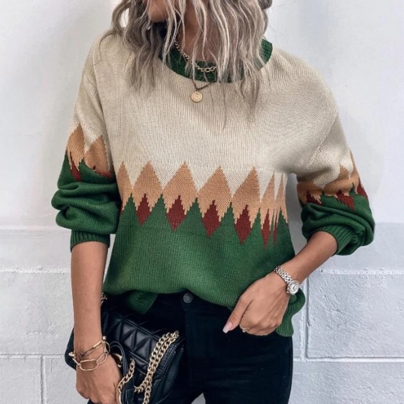 

Повседневный теплый джемпер с длинным рукавом, сезон осень-зима, модный вязаный свитер в рубчик с рисунком, элегантный свободный пуловер в с...