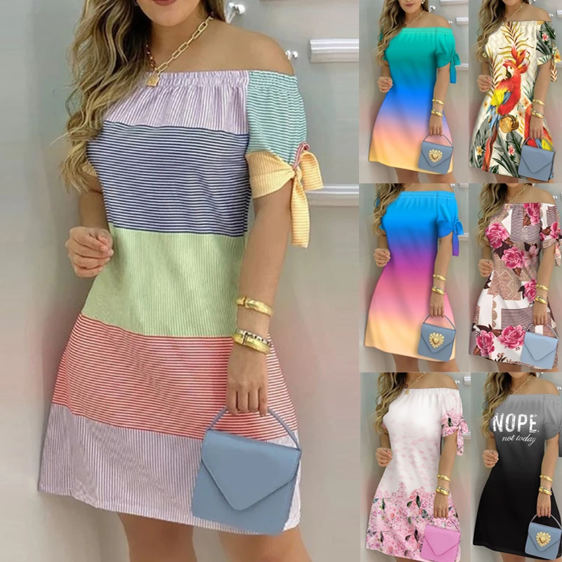 

Summer off shoulder dress Fashion stripe print short sleeve dress Beach party sexy color block A line mini dress