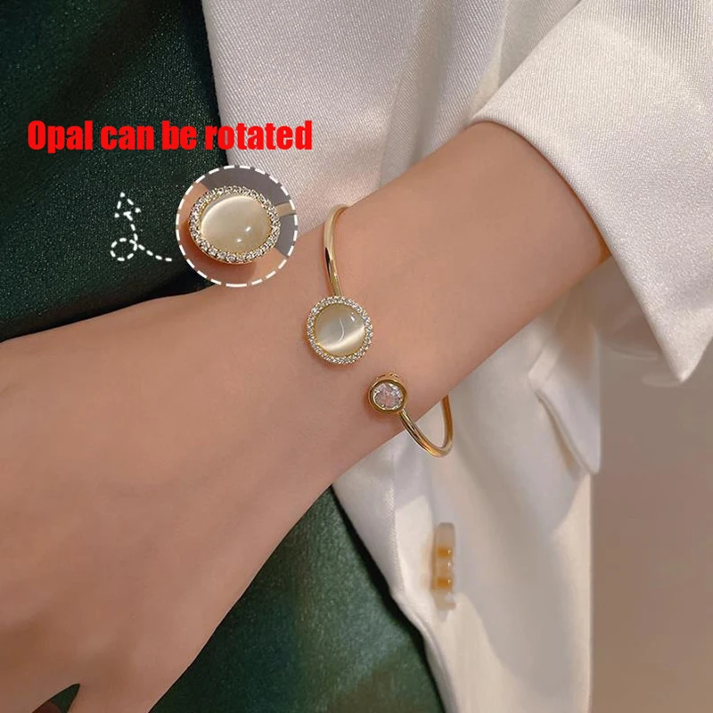 

Women Diamond-Encrusted Circle Opening Bracelet,Opal Cuff Bangle Ring, Round Opal Rotate Bracelet, Jewelry Gift for Women Girls