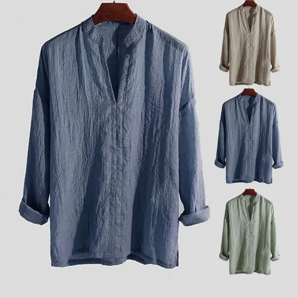 

Рубашка мужская с V-образным вырезом, модная винтажная блуза из хлопка и льна, однотонная простая повседневная весенняя одежда, большие разм...