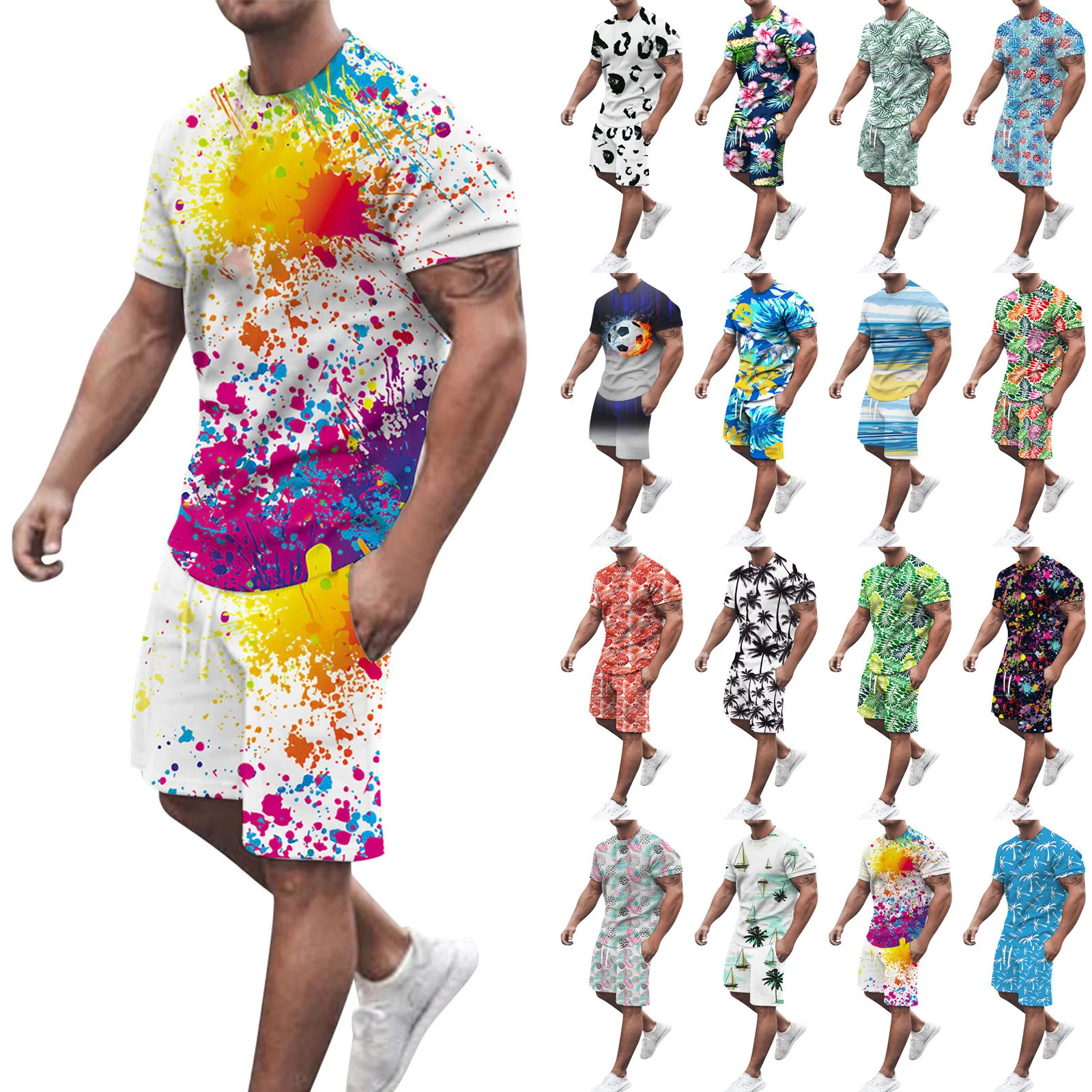 

2022 Men Casual Set Fashion 2pcs Sweat Suit Summer Sportsuit Tropical Male Sportswear Tracksuit Short Sleeve T-shirt Shorts Sets