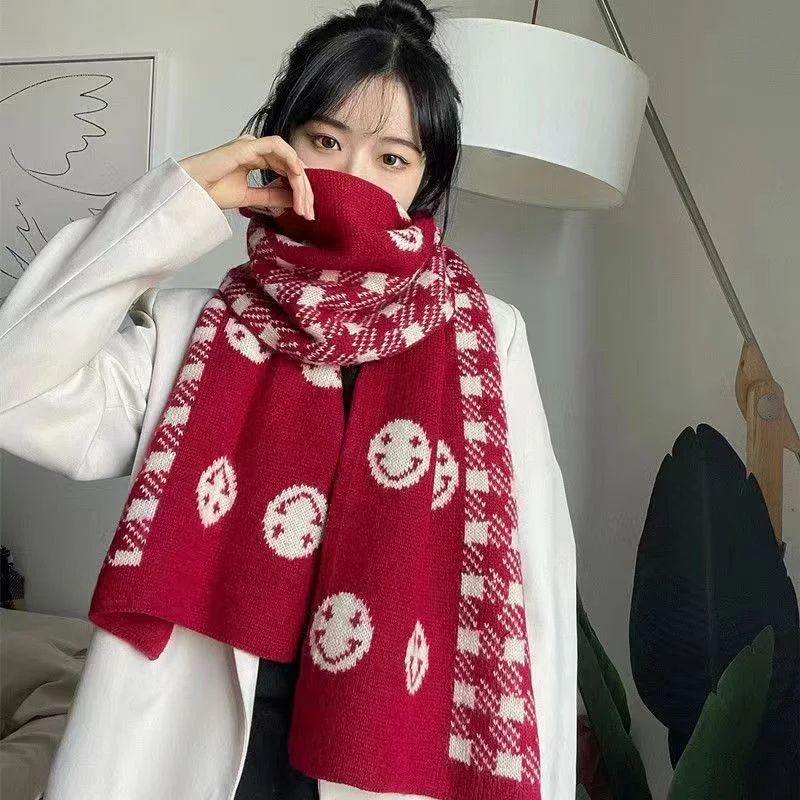 

Double-sided Smiley Face Scarf For Women Winter Warm Knitted Pashmina Shawl Red Acrylic Echarpe Luxury Foulard Scarf for Female