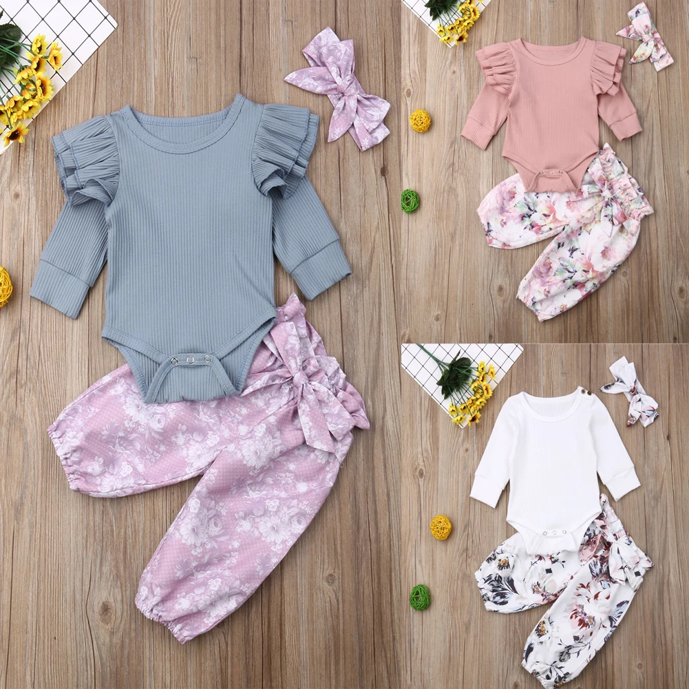 

Baby Girl Clothing Sets Solid Color Rib Knit Bodysuit Romper Floral Pants Headband 0-24M Newborn Infant Toddler Casual Outfits