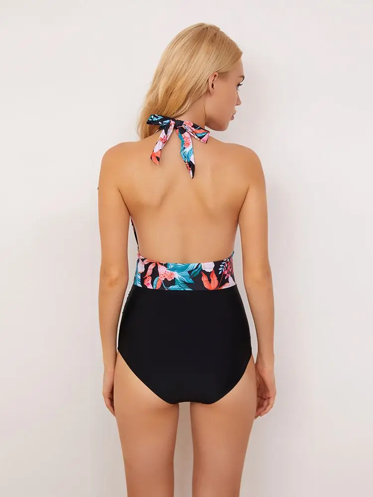 Floral Deep V-neck Halter One-Piece Swimsuit Sexy Backless Lace Up Women Monokini 2022 Beach Bathing Suits Swimwear Patchwork