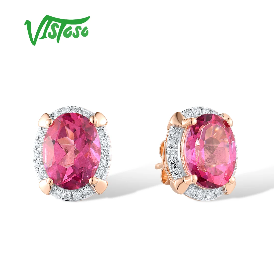 

Женские серьги-гвоздики из розового золота 14 к 585 пробы с бриллиантами и овальным розовым топазом