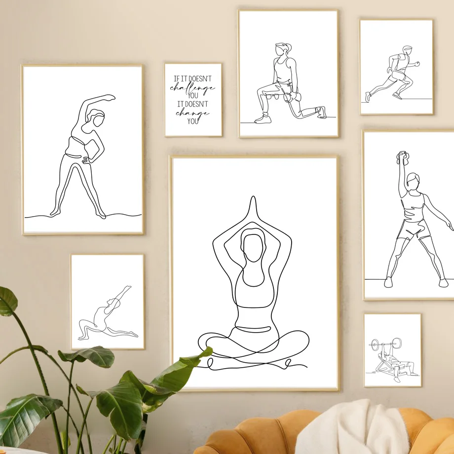 

Абстрактные линии, тренажерный зал, тяжелая атлетика, Йога, настенное искусство, холст, живопись, скандинавские постеры и искусство для гост...