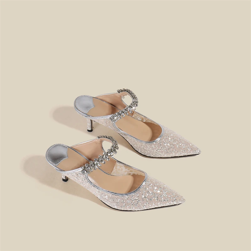 Fashion Pointed Sandals 2023 Summer New Diamond Chain High-heeled Shoes Baotou Muller Semi-slippers Frosted Flat Women's Shoes