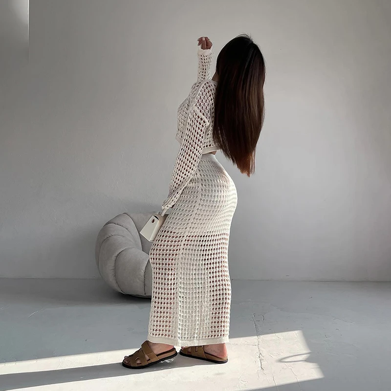 Женский элегантный вязаный комплект из двух предметов белый пуловер с длинным