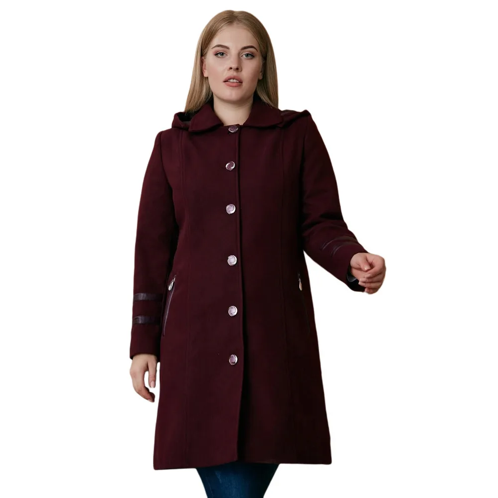 Flef women large size coat r9992 removable hooded button closure pocket leather detail wool blend stamp coat burgundy khaki black